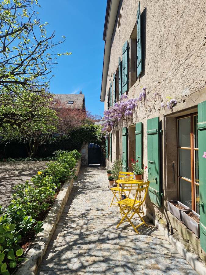 Maison de village rénovée Genève — façade pierre, volets verts, glycine, jardin